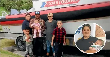  ??  ?? Amber Anderton with her family. Inset, the Northland mother named her newborn Harbour and has begun volunteeri­ng for Coastguard New Zealand after she and her family were caught beneath a boat when it capsized in Hokianga Harbour in 2017.