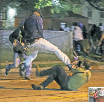  ??  ?? BLOODY NIGHT: A gunman ID’d as Kyle Rittenhous­e, 17, takes aim (above) at a protester believed to be trying to stop the rampage Tuesday night. The suspect — claiming to be protecting property amid the protests over the police shooting of Jacob Blake (right) — allegedly killed two people and wounded another (opposite page).