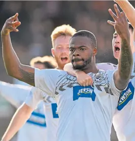  ?? ?? Ayr United hat-trick hero Dipo Akinyemi celebrates