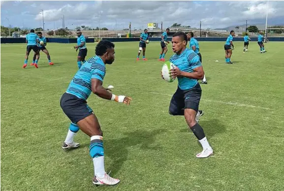  ?? Photo: Oceania Rugby ?? Fijian men’s 7s team captain Jerry Tuwai and Napolioni Bolaca during their warm-up at the Queensland Country Bank Stadium in Townsville, Australia on June 25, 2021.
