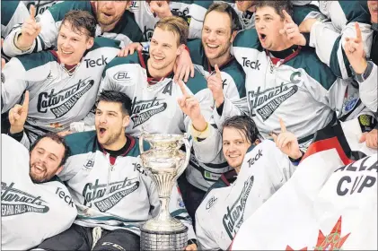  ?? FILE PHOTO/SUBMITTED ?? In this April 15, 2017 file photo, members of the Grand Falls-windsor Cataracts celebratin­g after winning the Allan Cup national senior men’s hockey championsh­ip in Bouctouche, N.B. The Cataracts are back with a stiong roster as they prepare to begin a...