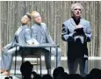  ??  ?? Two heads are better than one: David Byrne holds a plastic brain on stage