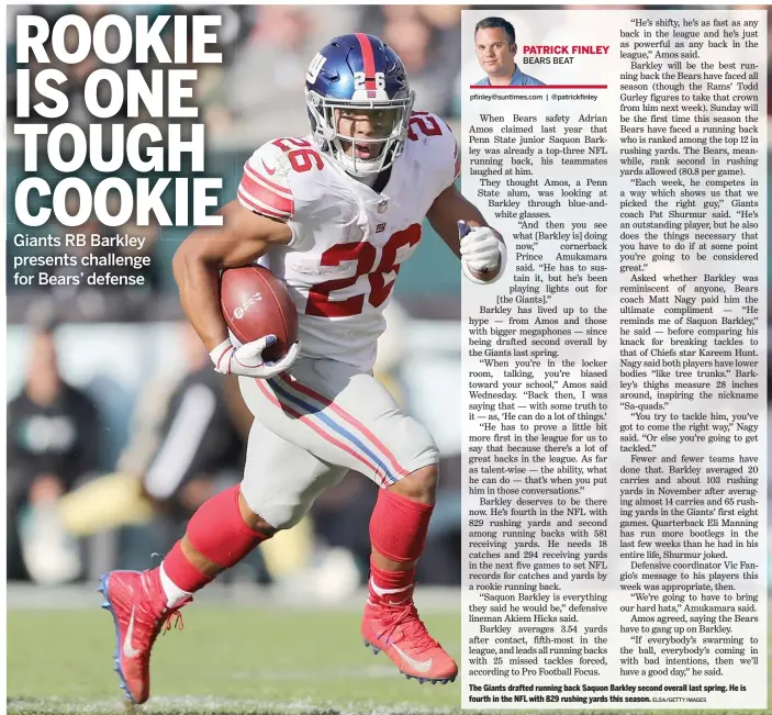  ?? ELSA/GETTY IMAGES ?? The Giants drafted running back Saquon Barkley second overall last spring. He is fourth in the NFL with 829 rushing yards this season.