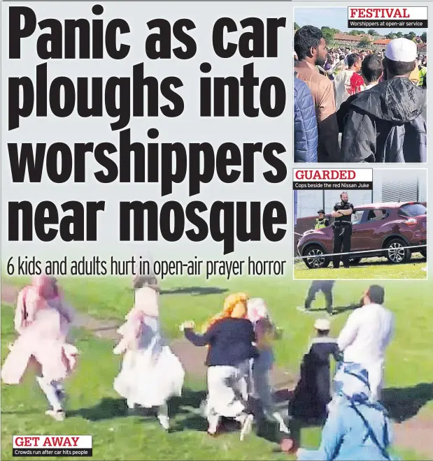 ??  ?? Crowds run after car hits people Worshipper­s at open-air service Cops beside the red Nissan Juke