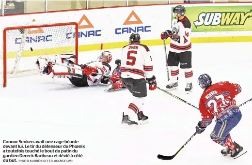  ?? PHOTO AUDRÉ KIEFFER, AGENCE QMI ?? Connor Senken avait une cage béante devant lui. Le tir du défenseur du Phoenix a toutefois touché le bout du patin du gardien Dereck Baribeau et dévié à côté du but.