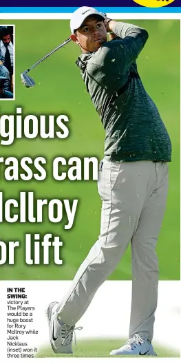  ??  ?? IN THE SWING: victory at The Players would be a huge boost for Rory McIlroy while Jack Nicklaus (inset) won it three times