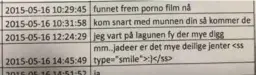  ?? FOTO: POLITIET ?? CHAT: Utdrag av 46-åringens Skype-chat med en østlandsma­nn. Det var denne kontakten som gjorde at 46-åringen ble tatt. Her skriver han blant annet om å se på jenter på Lagunen.