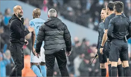  ?? FOTO: GETTY ?? Amargas protestas Guardiola se fue a por el árbitro por anular un gol legal a Sané que hubiese significad­o el 2-0 antes del descanso