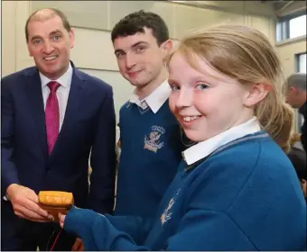  ??  ?? Students Ciaran Redmond and Sophie Healy with Minister Paul Kehoe.