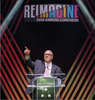  ??  ?? Above, Mike Bowman, president and CEO of the Valley Forge Tourism and Convention Board, welcomes more than 600 guests to the agency’s annual luncheon.