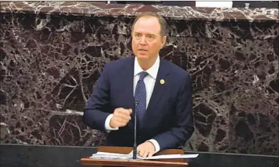 ?? Senate Television ?? DURING last year’s impeachmen­t trial against President Trump, Rep. Adam B. Schiff speaks before the U. S. Senate. When the proceeding­s ended in Trump’s acquittal, Schiff predicted that Trump would abuse his power again.