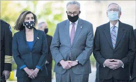  ?? JABIN BOTSFORD — THE WASHINGTON POST POOL PHOTO VIA THE ASSOCIATED PRESS ?? From left, House Speaker Nancy Pelosi of California, Senate Majority Leader Chuck Schumer of New York., and Senate Minority Leader Mitch McConnell of Kentucky, in Washington, Tuesday, April 13, 2021.