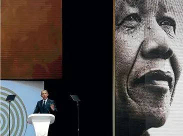  ?? AP ?? Former US President Barack Obama delivers his speech at the 16th Annual Nelson Mandela Lecture at the Wanderers Stadium in Johannesbu­rg.