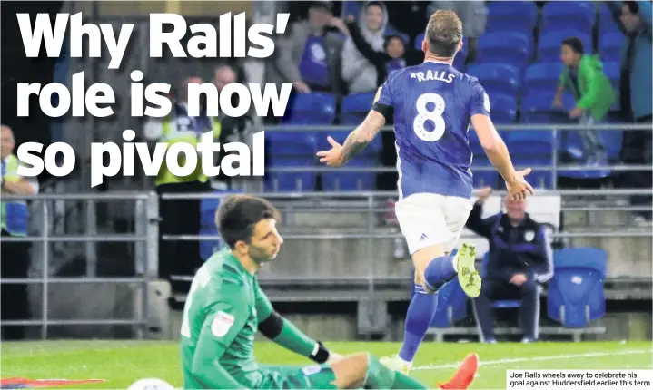  ??  ?? Joe Ralls wheels away to celebrate his goal against Huddersfie­ld earlier this term