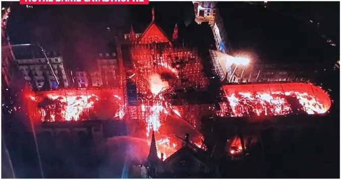  ??  ?? Devastatio­n: An aerial view shows the extent of the damage done to Notre Dame last night, with large areas of its roof destroyed