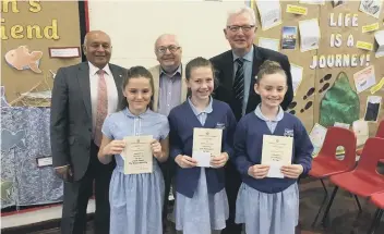  ??  ?? Winners of Sunderland Rotary poetry competitio­n were Gracie Lay, Ella Millington and Ava Welsh, who re pictured with Rotarians Sharad Trivedy, President Derek Sherriff and Brian Dodds.