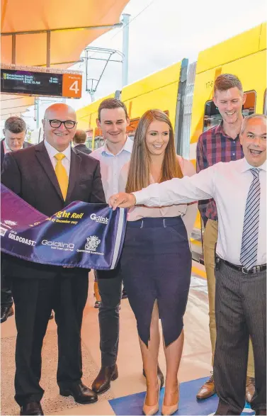  ??  ?? Smiling faces abounded at the opening of stage two of the Gold Coast light rail yesterday (from left) Scanlon, Main Road Minister Mark Bailey, Gold Coast Mayor Tom Tate, Deputy Premier Jackie Trad,