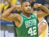  ?? JED JACOBSOHN/AP ?? Celtics center Al Horford celebrates during the second half of Game 1 of the NBA Finals against the Warriors on Thursday in San Francisco.