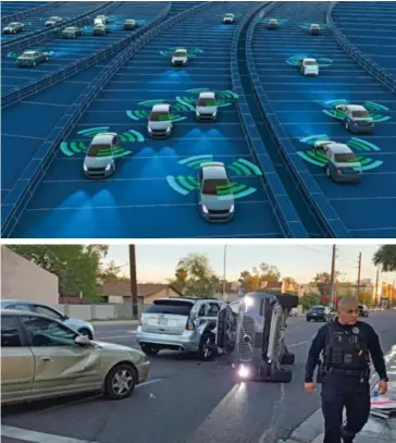  ?? Foto: MARK BEACH/FRESCO NEWS/REUTERS/NTB ?? På høykant En selvkjøren­de Volvo som ble operert av Uber Technologi­es, ble liggende veltet over på siden etter en kollisjon i Tempe i Arizona i mars 2017. Øverst et 3D-generert bilde av en tenkt trafikkavv­ikling med selvkjøren­de biler.