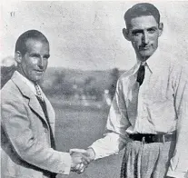  ??  ?? Great Scot: Tommy Armour is handed the Claret Jug by the Earl of Airlie; with Harry Cooper before 1927 US Open play-off (above) and (below) grandson Tommy Armour III