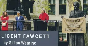  ??  ?? Caroline Criado Perez, main and with Theresa May and Sadiq Khan at the unveiling of the statue of Millicent Fawcett in Parliament Square, 2018, above