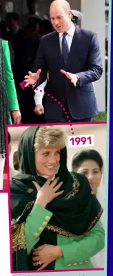  ??  ?? Kate’s green coat (top, with William and Pakistan’s prime minister Imran Khan) again similar to Diana (above), signalled a bold change in the future queen.