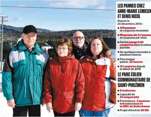  ?? PHOTO PIERRE-PAUL BIRON ?? Paul-émile Nicol, Noella Goulet, Denis Nicol et Anne-marie Lemieux n’en peuvent plus des coupures de courant incessante­s qu’ils endurent depuis trois ans maintenant. Ils pointent du doigt la mise en service du parc éolien de Saint-philémon, qui...