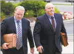  ?? Hearst Connecticu­t Media file photo ?? Michael Skakel, right, arrives at State Superior Court in Stamford in 2014 with attorney Stephan Seeger.