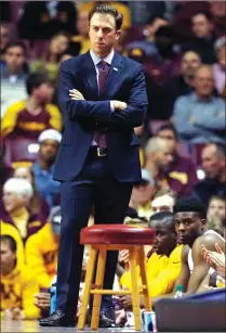  ?? Photo courtesy of Eric Miller | University of Minnesota Athletics ?? Richard Pitino, pictured on the sidelines this past Friday night against USC Upstate, will bring his nationally-ranked Minnesota squad to the Dunkin’ Donuts Center on Monday night to face Providence. Pitino spent two years (2003-05) as a student...