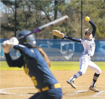  ?? KRISTEN ZEIS/ STAFF FILE ?? Virginia Wesleyan’s Hanna Hull, pictured delivering a pitch against Averett during a 2019 game, leads the ODAC with 70 strikeouts. She has collected 118 victories and more than 1,000 strikeouts in her career.