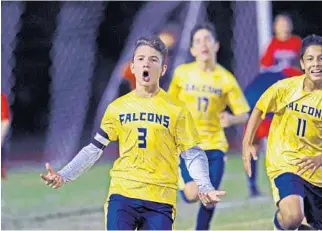  ?? GARY CURRERI/CORRESPOND­ENT ?? Ian Jimenez, 13, celebrates the first of his two goals for the Falcons in the boys soccer county championsh­ip game at Western High School. Jimenez was named Most Valuable Player for his efforts.