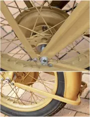  ??  ?? ABOVE CENTER Front and rear wheels are interchang­eable with bolted on drums. ABOVE Bottom mudguard stay hinges to become a front stand. BELOW Sidecar rear coupling.