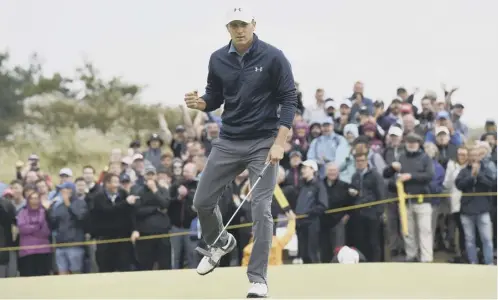  ??  ?? 0 Jordan Spieth celebrates a birdie at the 16th in the final round of last year’s Open. He starts his 2018 campaign in Hawaii this week.