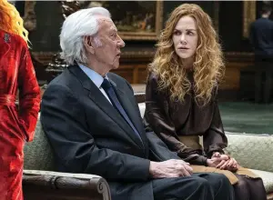  ??  ?? UNDONE: Donald Sutherland and Nicole Kidman in The Undoing, main picture. Inset: Kidman in one of her many coats of different colours