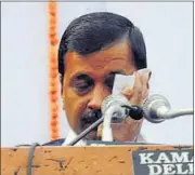  ?? PTI ?? CM Arvind Kejriwal reacts after a woman threw ink at him at an event to mark the ‘success’ of the odd-even plan in Delhi on Sunday.