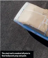  ??  ?? The vinyl roof is masked off prior to final bodywork prep and paint.
not only cleaned up but all the rubber boots and track rod ends replaced ready to be refitted and the engine is also now ready to go back into the car.
Luckily, the engine didn’t need a massive rebuild as it didn’t take much damage. It was running well beforehand so it didn’t need a full strip down, though cosmetical­ly the rocker cover and sump were taken off for cleaning and painting and obviously anything plastic or rubber has been changed, so a new timing belt,