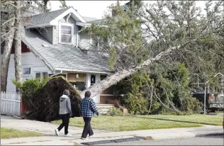  ?? NEWS PHOTO EMMA BENNETT ?? Residents survey damage on 8th Street NE in Crescent Heights after heavy winds forced the city of Medicine Hat to declare a state of local emergency on Tuesday evening. Downed spruce trees knocked out power to about 8,000 residents during the storm...