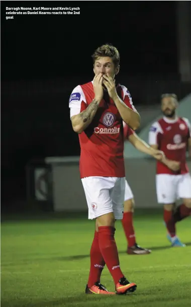  ??  ?? Darragh Noone, Karl Moore and Kevin Lynch celebrate as Daniel Kearns reacts to the 2nd goal