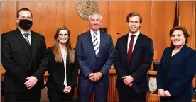  ?? PHOTO COURTESY MONTGOMERY COUNTY DISTRICT ATTORNEY’S OFFICE ?? Finalists in the Montgomery County district attorney’s annual mock trial competitio­n, pictured here with D.A. Kevin R. Steele, were: on left, Stephen Long, from Rutgers Law School, and Anne O’Connell, from Temple University Beasley School of Law; and on right, Bradley Deckel, from Temple University Beasley School of Law, and Samantha Ollmann, from Villanova University Charles Widger School of Law.