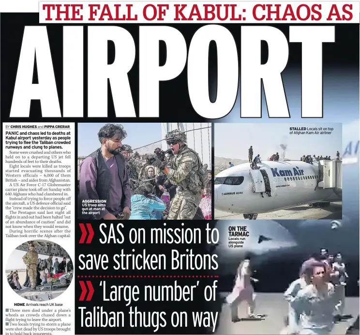  ??  ?? HOME Arrivals reach UK base
AGGRESSION US troop aims gun at man at the airport