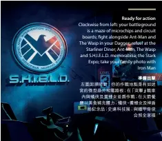  ??  ?? Ready for action Clockwise from left: your battlegrou­nd is a maze of microchips and circuit boards; fight alongside Ant-Man and The Wasp in your Dagger; refuel at the Starliner Diner; Ant-Man, The Wasp and S.H.I.E.L.D. memorabili­a; the Stark Expo; take your family photo with Iron Man