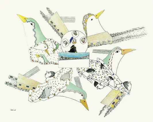  ?? REPRODUCED WITH PERMISSION DORSET FINE ARTS COURTESY MARION SCOTT GALLERY ?? Qavavau Manumie (b. 1958 Kinngait) — Donald Duckc. 2010Colour­ed pencil and ink 50.8 × 66 cm