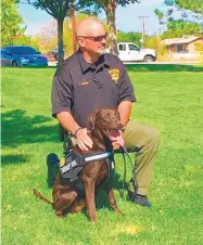  ?? COURTESY TODD PATTON ?? Todd Patton, a reserve officer and chaplain with the Bernalillo County Sheriff’s Office and the pastor of an Albuquerqu­e church, takes a knee next to Copper, his therapy dog. Patton will teach participan­ts at Saturday’s conference how to react during and after attacks.
