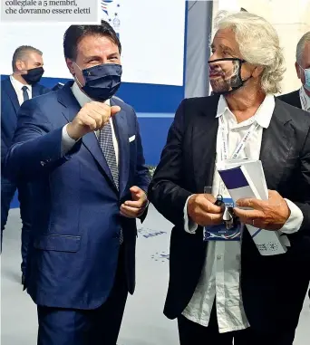  ??  ?? Sostegno
Giuseppe Conte, 56 anni, e il garante M5S Beppe Grillo, 72, che vorrebbe l’ex premier leader del Movimento
