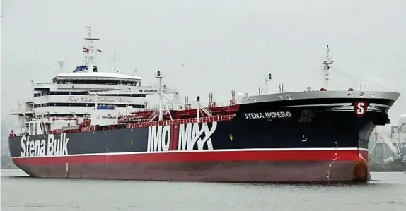  ??  ?? The UK-registered Stena Impero was in internatio­nal waters when it was approached by small craft and a helicopter yesterday and contact was lost