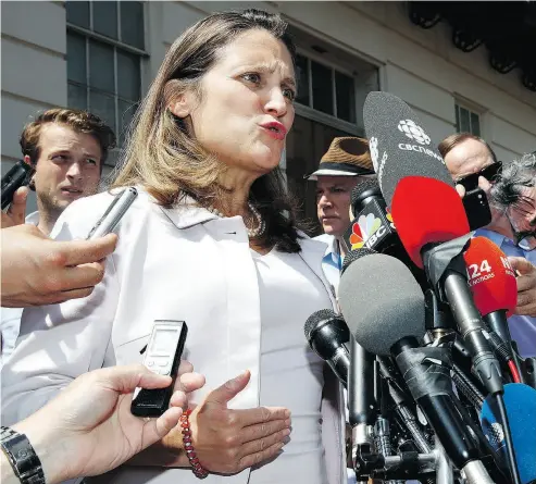  ?? JACQUELYN MARTIN / THE ASSOCIATED PRESS ?? Foreign Affairs Minister Chrystia Freeland speaks to the media as she comments during a break in NAFTA talks at the Office of the United States Trade Representa­tive on Thursday in Washington.