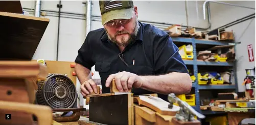  ??  ?? 9
Chad Henrichsen has been with the Gretsch Custom Shop since 2008 and specialise­s in crafting custom necks
Gretsch’s classic horizontal ‘T-roof’ headstock logo and the ‘vertical’ winged logo, as seen on the headstocks of White Falcons and White Penguins from 1955 until the late 50s