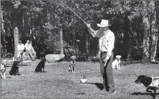  ?? Arkansas Democrat-Gazette/BRYAN HENDRICKS ?? Mike Stewart uses live pigeons on a harness to teach his dogs discipline at Wildrose Kennels.