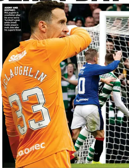  ?? ?? AGONY AND ECSTASY: McLaughlin is crestfalle­n after his error led to Turnbull’s goal, while (inset) Celtic players mob Jota after his superb finish