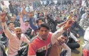  ?? VIPIN KUMAR/HT FILE PHOTO ?? Ola and Uber drivers shout slogans during a dharna at Jantar Mantar on February 14